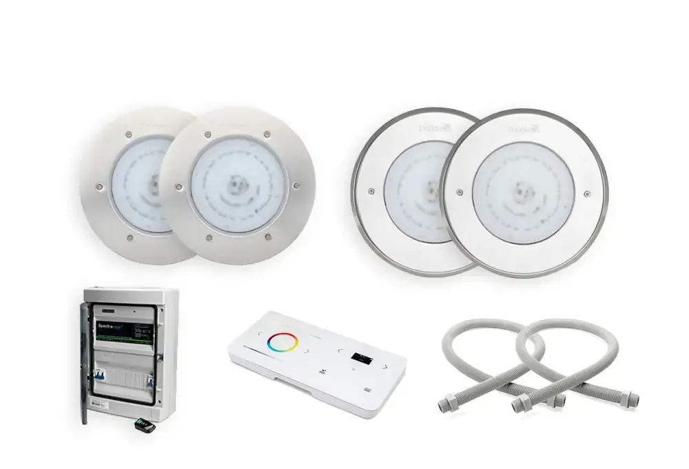 Kompletta poollampor: vita cirkulära LED-ljus med metallkanter